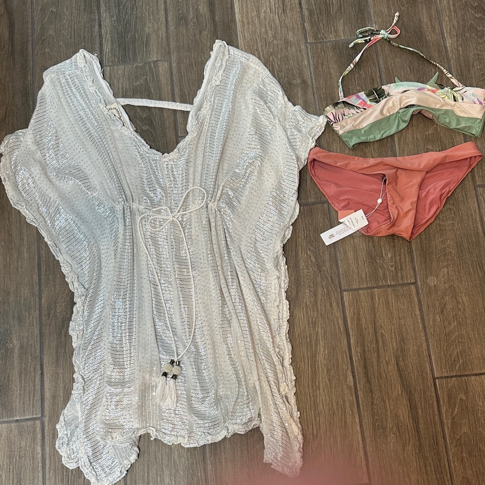 Pilyq floral swimwear with solid coral bottoms. Z&L shimmer cover up.